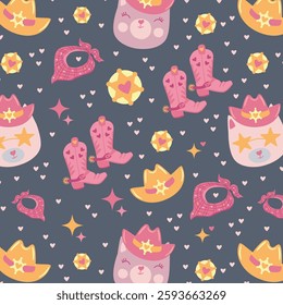 Cute western-themed seamless pattern with pink cowboy cats, hats, boots, bandanas, and sheriff stars on a dark background. Fun and playful vector illustration for fabric, wallpaper, and wrapping.