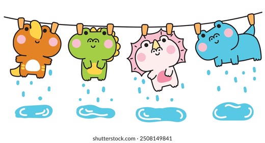 Cute wet body dinosaur stay on clothesline.Dino.Jurassic.Rainy.Wild animal character cartoon design.Kawaii.Vector.Illustration.