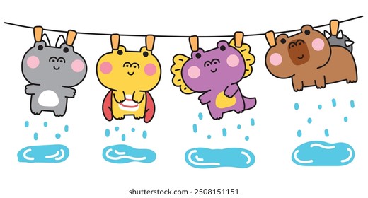 Cute wet body dinosaur stay on clothesline.Dino No2.Jurassic.Rainy.Wild animal character cartoon design.Kawaii.Vector.Illustration.