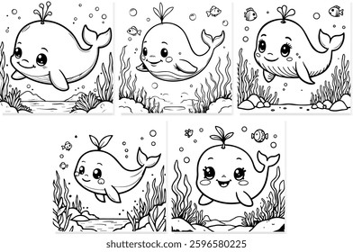 Cute whale adorable cartoon coloring page vector illustration. Sea animals, summer outline coloring book for kids