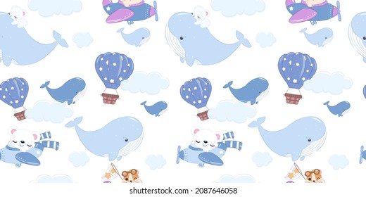 Cute whale and air balloon seamless pattern for children