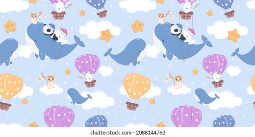 Cute whale and air balloon seamless pattern for children