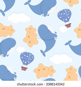 Cute whale and air balloon seamless pattern for children