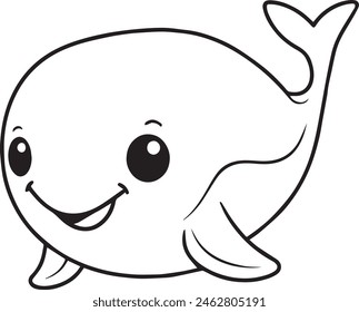 Cute Whale Animal Character for Coloring Book, Black and White Cartoon Illustration
