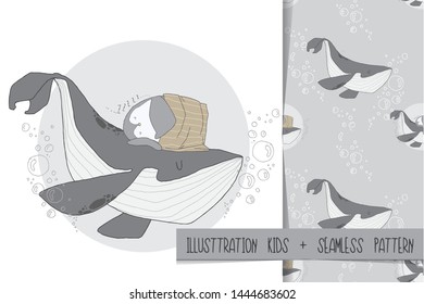 cute whale animal  set seamless pattern illustration  for kids vector