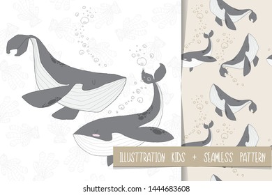 cute whale animal  set seamless pattern illustration  for kids vector