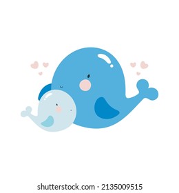 Cute Whale with baby. Cartoon style. Vector illustration. For kids stuff, card, posters, banners, children books, printing on the pack, printing on clothes, fabric, wallpaper, textile or dishes.