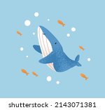 Cute whale, baby character swimming in sea water with little fishes. Happy childish animal in ocean. Scandinavian fairy tale. Nursery kids flat vector illustration of fairytale underwater wildlife