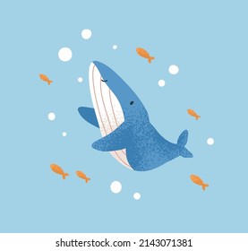 Cute Whale, Baby Character Swimming In Sea Water With Little Fishes. Happy Childish Animal In Ocean. Scandinavian Fairy Tale. Nursery Kids Flat Vector Illustration Of Fairytale Underwater Wildlife