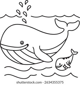 Cute Whale and Baby Whale Line Art Vector – Cartoon Ocean Animal Coloring Page for Kids – Marine Life Outline Illustration – Sea Water Doodle Drawing