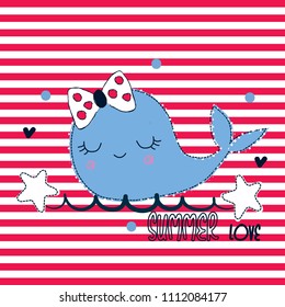 cute whale baby on the beach vector illustration, T-shirt graphics design 