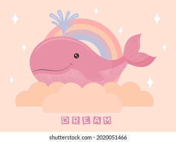 Cute whale baby on cloud. Kawaii character. Vector children illustration.