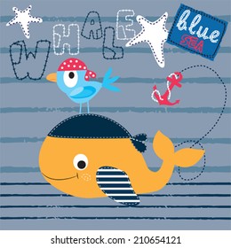 cute whale with bird striped background vector illustration