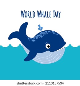 Cute Whale blowing fountain in the blue sea Waves. World Whale Day handwritten Lettering. World whales day abstract sign and baby-whale. Protection of marine mammals. Vector flat illustration.