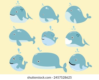 Cute whale blue. Sea life animal, underwater blue whale, kids icon for stickers, baby shower, books. Simple cartoon vector set. water creatures