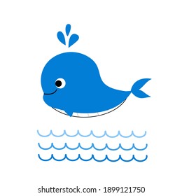 Cute whale cartoon with blue sea wave icon on white background vector illustration.
