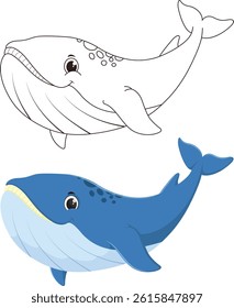 Cute whale cartoon coloring pages, hand drawn simple line