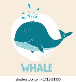 Cute Whale Cartoon Hand Drawn Animal Doodles Vector Illustration Background.