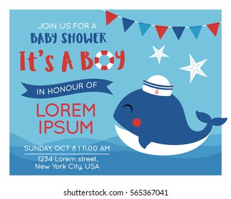 Cute whale cartoon illustration for baby shower invitation card design template