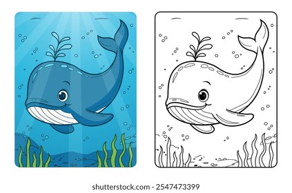 Lindo arte de línea de dibujos animados de ballena para niños para colorear Ilustración vectorial de libro