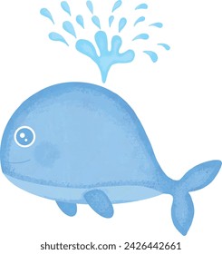 Cute whale cartoon. Sea animal, underwater blue whale, whale splashing water through a blowhole, vector illustration.