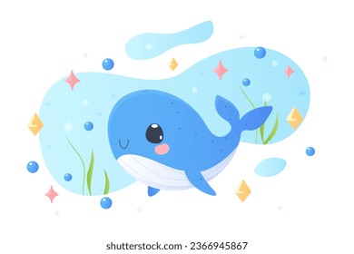 a cute whale in cartoon style. Vector illustration. Tshirt print, children's.