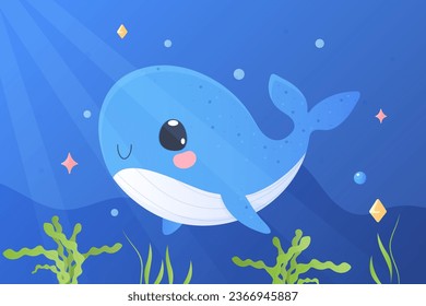 a cute whale in cartoon style. Vector illustration. Tshirt print, children's.