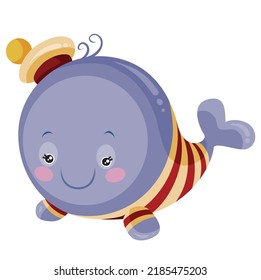 cute whale character in beret and vest, cartoon illustration, isolated object on white background, vector, eps