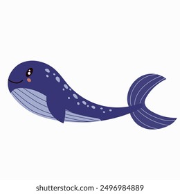 Cute whale for children background. Under the sea, water animal character, ocean fauna. Flat vector design.