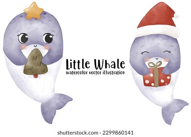 Cute Whale, Christmas, Christmas Whale, Dolphin, watercolor vector illustration