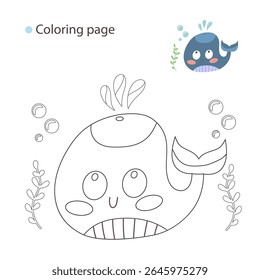 Cute Whale Coloring Page for Kids’ Ocean Themed Activities and Educational Projects. Playful Marine Animal with Water Splash.