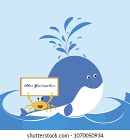 cute whale and crab, vector cartoon illustration