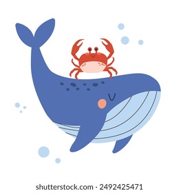 Cute whale and crab . Vector illustration on white background. Sea animal, Ocean with fish. Children's illustration in cartoon flat style . Underwater life.