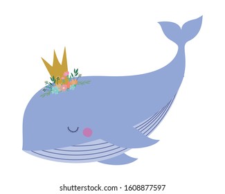 Cute whale with crown design, Animal zoo life nature character childhood and adorable theme Vector illustration