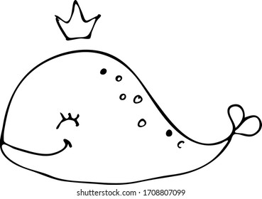 Cute whale with crown design, Animal zoo life nature character childhood and adorable theme Vector illustration