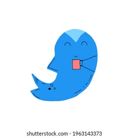 Cute whale drinking from a cup. Vector illustration
