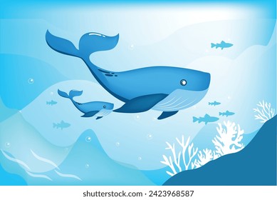 Cute whale family in