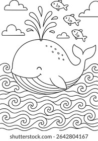Cute Whale and Fish Coloring Page with Ocean Waves and Clouds