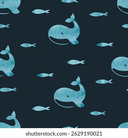 Cute whale and fish seamless pattern. Vector print with blue watercolor whales