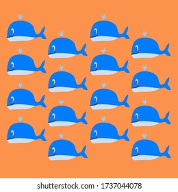 Cute whale fishes, blue on colorful background Eps