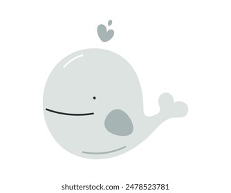 Cute whale. Flat cartoon vector illustration isolated on white background. For card, posters, banners, printing on the pack, printing on clothes, fabric, wallpaper, textile or dishes.