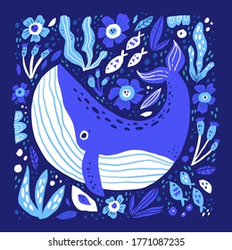 Cute whale flat vector illustration with text. Funny ocean animal hand drawn cartoon character with lettering on white background. Vitamin sea phrase with adorable sealife for t shirt print design