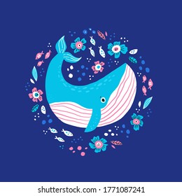 Cute whale flat vector illustration with text. Funny ocean animal hand drawn cartoon character with lettering on white background. Vitamin sea phrase with adorable sealife for t shirt print design