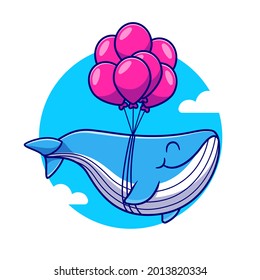 Cute Whale Floating With Balloon Cartoon Vector Icon Illustration. Animal Nature Icon Concept Isolated Premium Vector. Flat Cartoon Style