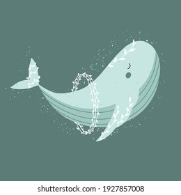 Cute whale with floral elements around. Childish hand drawn vector illustration.