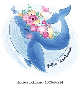 Cute whale with flower illustration