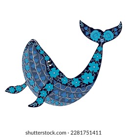 Cute whale in flowers  isolated on white background. Graphic for fabric,tee-shirt, postcard, greeting card, book, poster, sticker