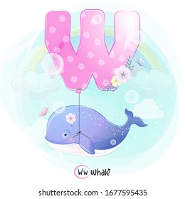 Cute whale flying with alphabet-w balloon