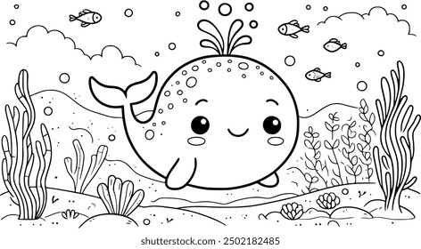 Ballena linda con una expresión amistosa y alegre en esta deliciosa ilustración de libro para colorear para niños. Perfecto para que los niños coloreen y disfruten, agregando un toque de creatividad a su día