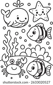 Cute whale with a friendly, cheerful expression in this delightful children’s coloring book illustration